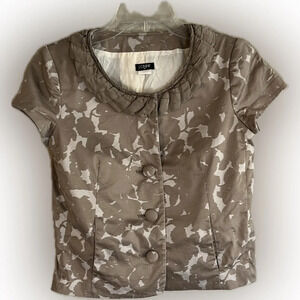 J Crew Cap Sleeve Taupe Pattern Blazer Silk Collar, 3 Covered Buttons, Size 0